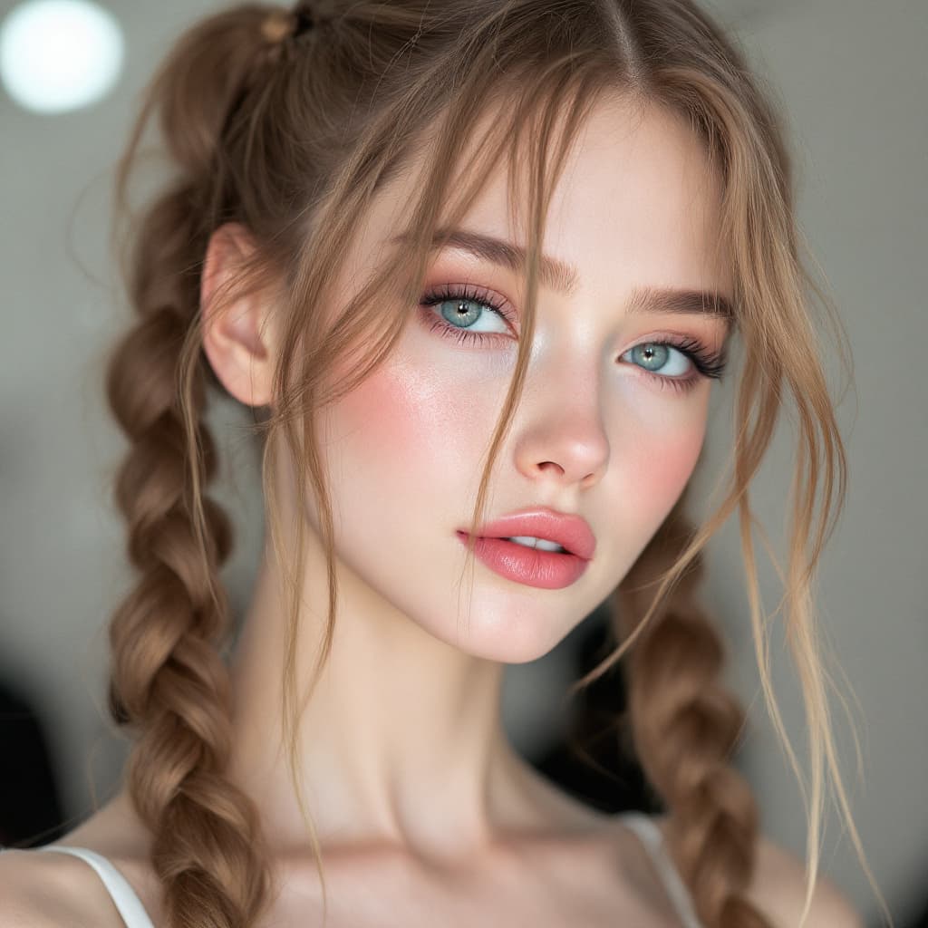 AI generated: Vogue Runway Model with long Pigtails in the style of candycore hair, pale skin and light pink lips ...