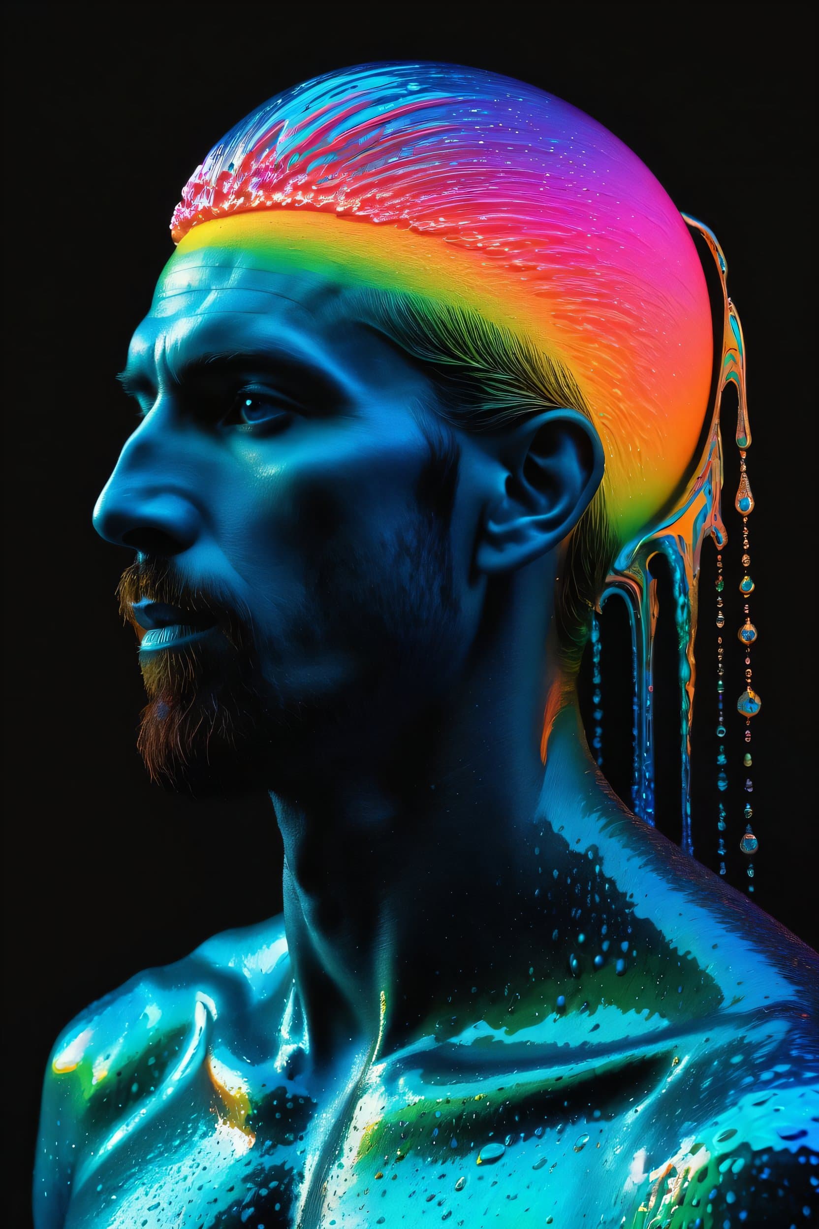 AI generated: 1man, a psychedelic bioluminescent, vibrant color palette dominated by orange, pink, green and blue ...