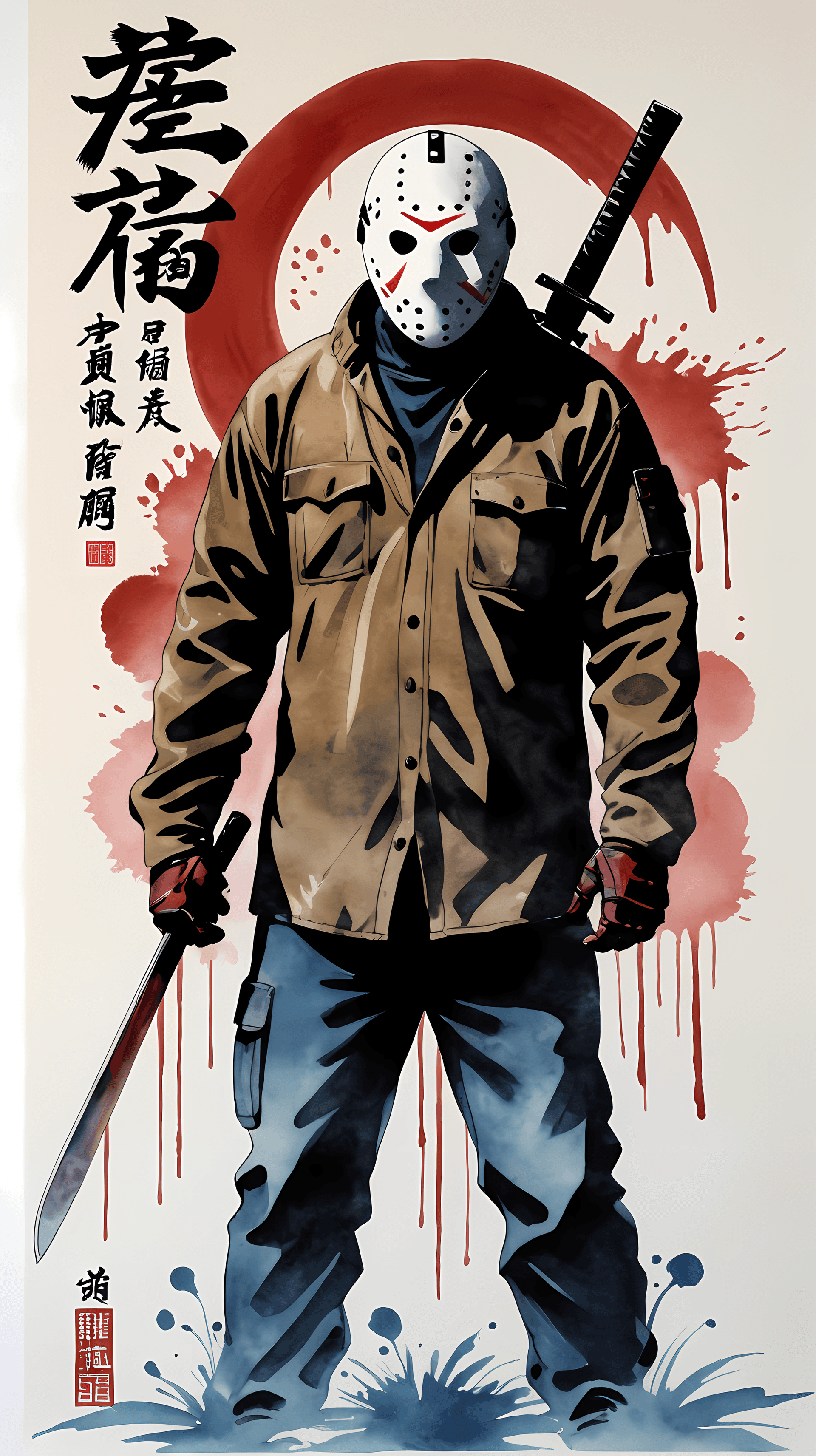 AI generated: N/A, Jason Voorhees, ink artistic conception, abstract, complementary colors, simplicity, Chinese pa...