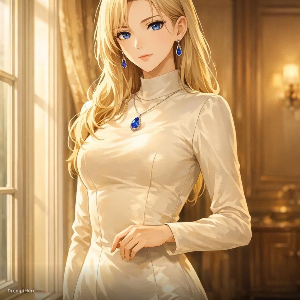 AI generated: A graceful, mature anime-style woman in her early 30s standing near a sunlit window in a luxurious i...