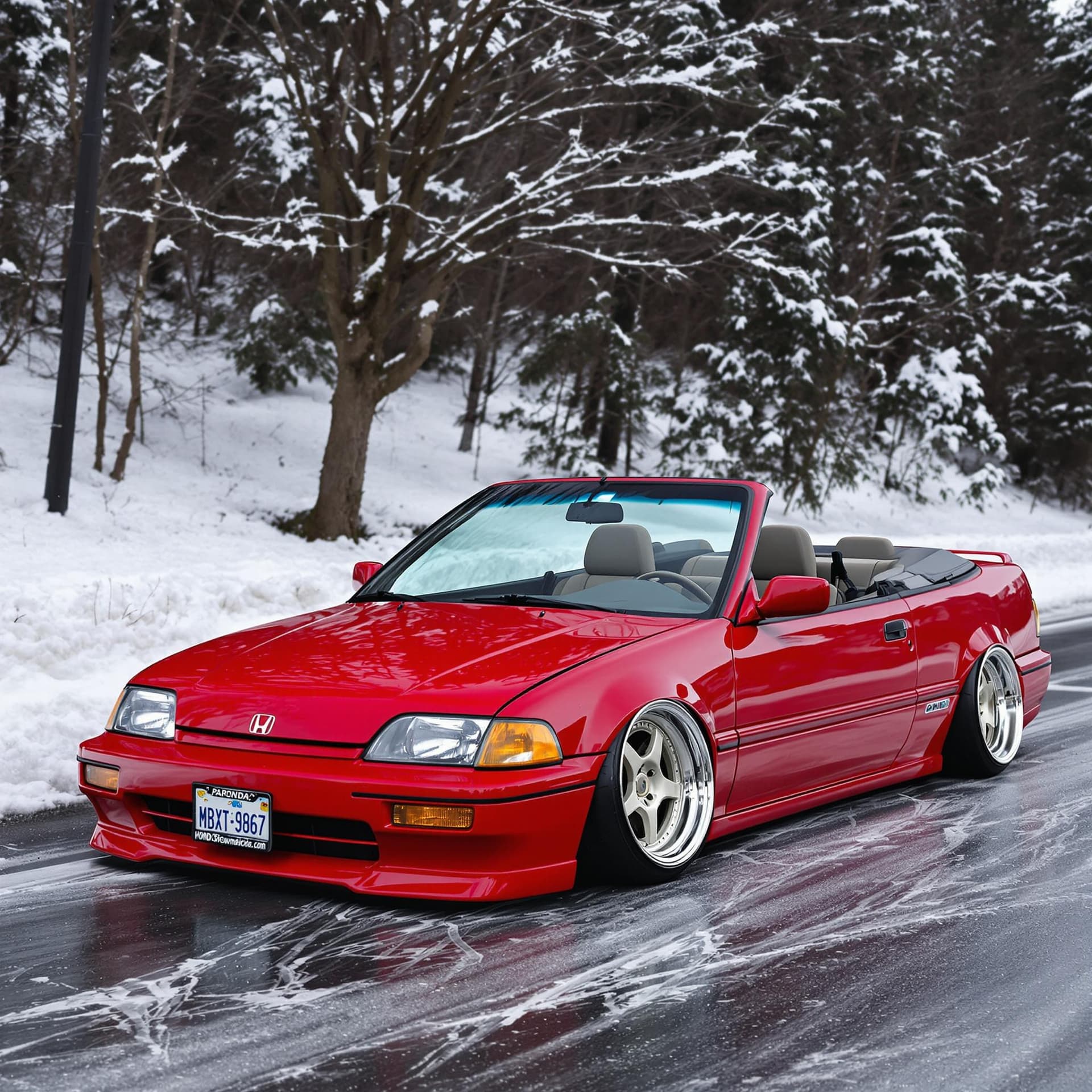 AI generated: year 1988 stanced red honda civic convertible parked on a icy road