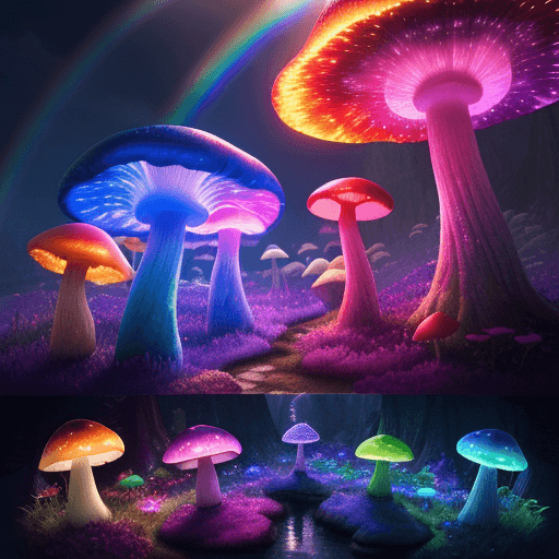 AI generated: High resolution fantasy photography of a lumiessence mushroom landscape, lumiessence colorfull magic...