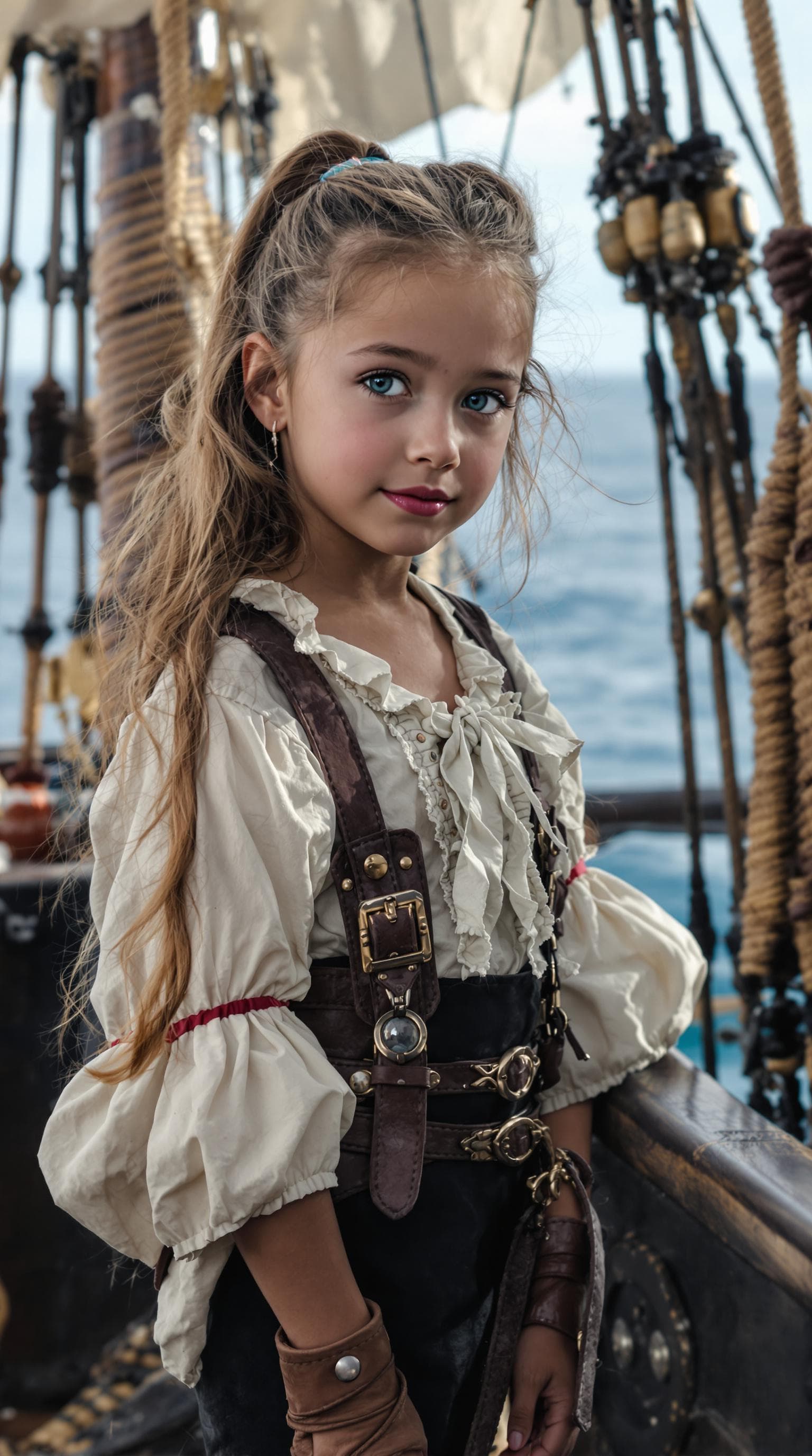 AI generated: a professional photo of a exceptionally beautiful girl aboard pirate ship at sea (age 7), (seven yea...