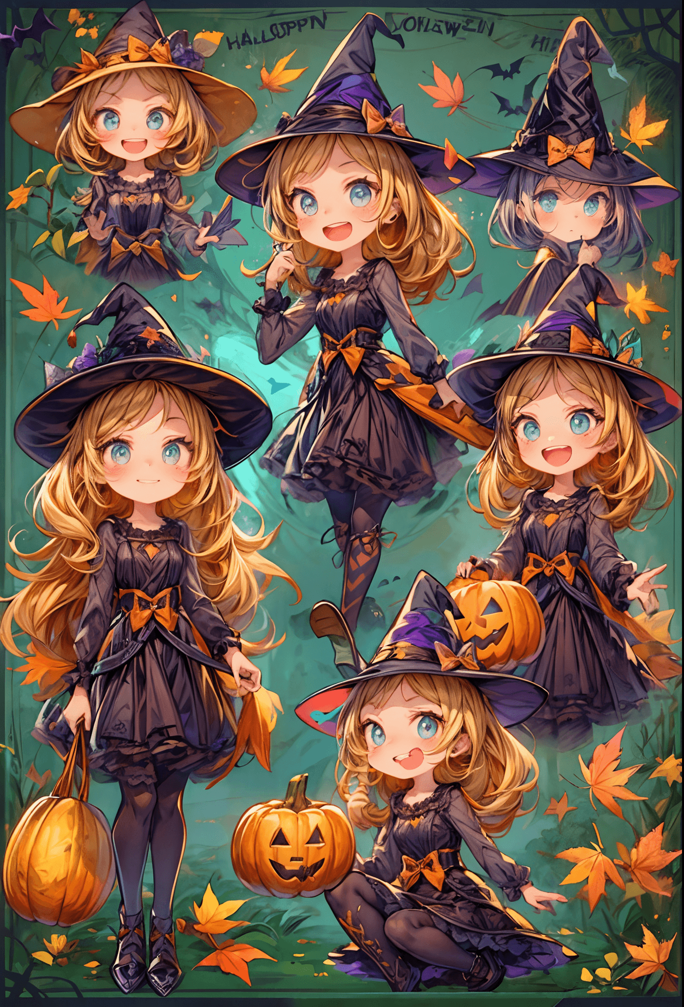 AI generated: autumn iconpack of a charming girl as Halloween witch, random face expressions, random coloring, car...