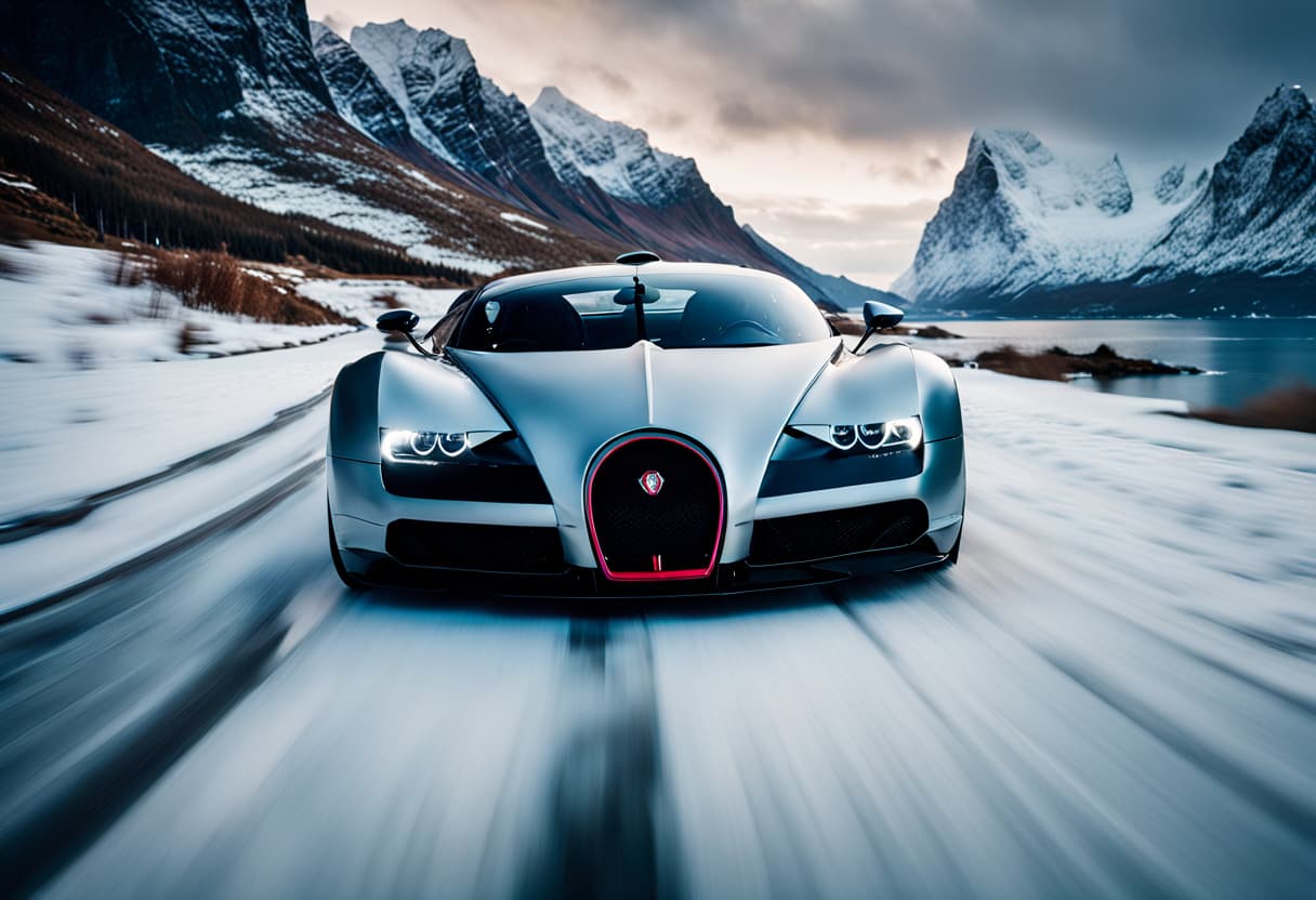 AI generated: cinematic CG 8k wallpaper, action scene from Forza Horizon 5, close up, 3d, ((Lofoten Norway in wint...