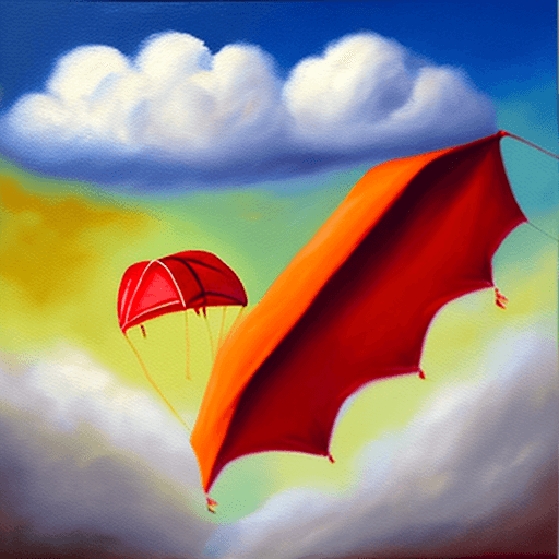AI generated: Falling happy dog attached to a red parachute amidst sunny clouds.
Style: oil painting