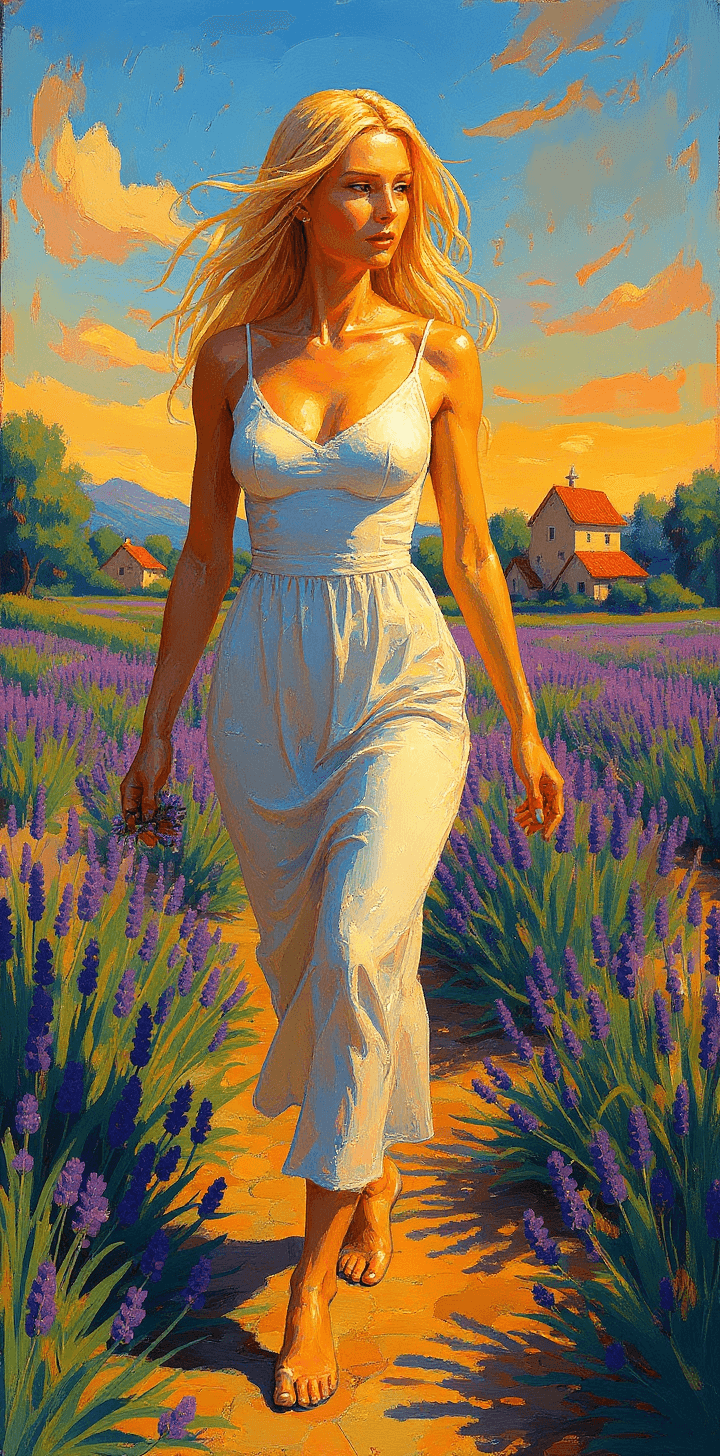 AI generated: portrait of a long blonde hair woman, in the style of Greg Hildebrandt, provance landscapes, a woman...