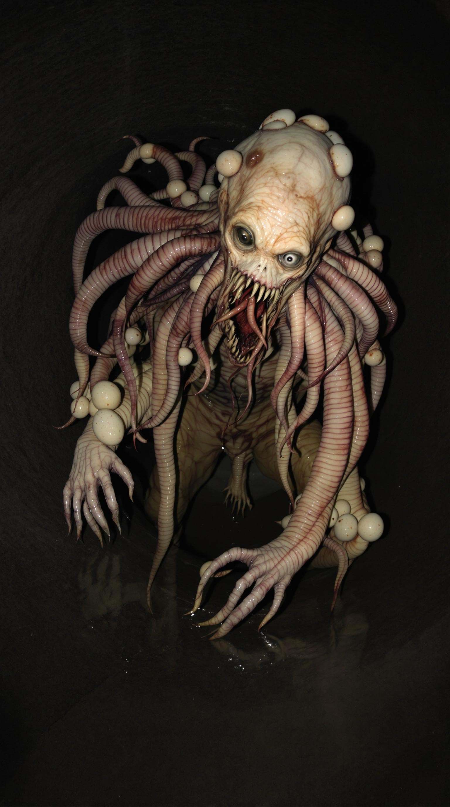 AI generated: A grotesque mix of an Indian man surreal creature emerging from a dark, damp sewer, combining human ...