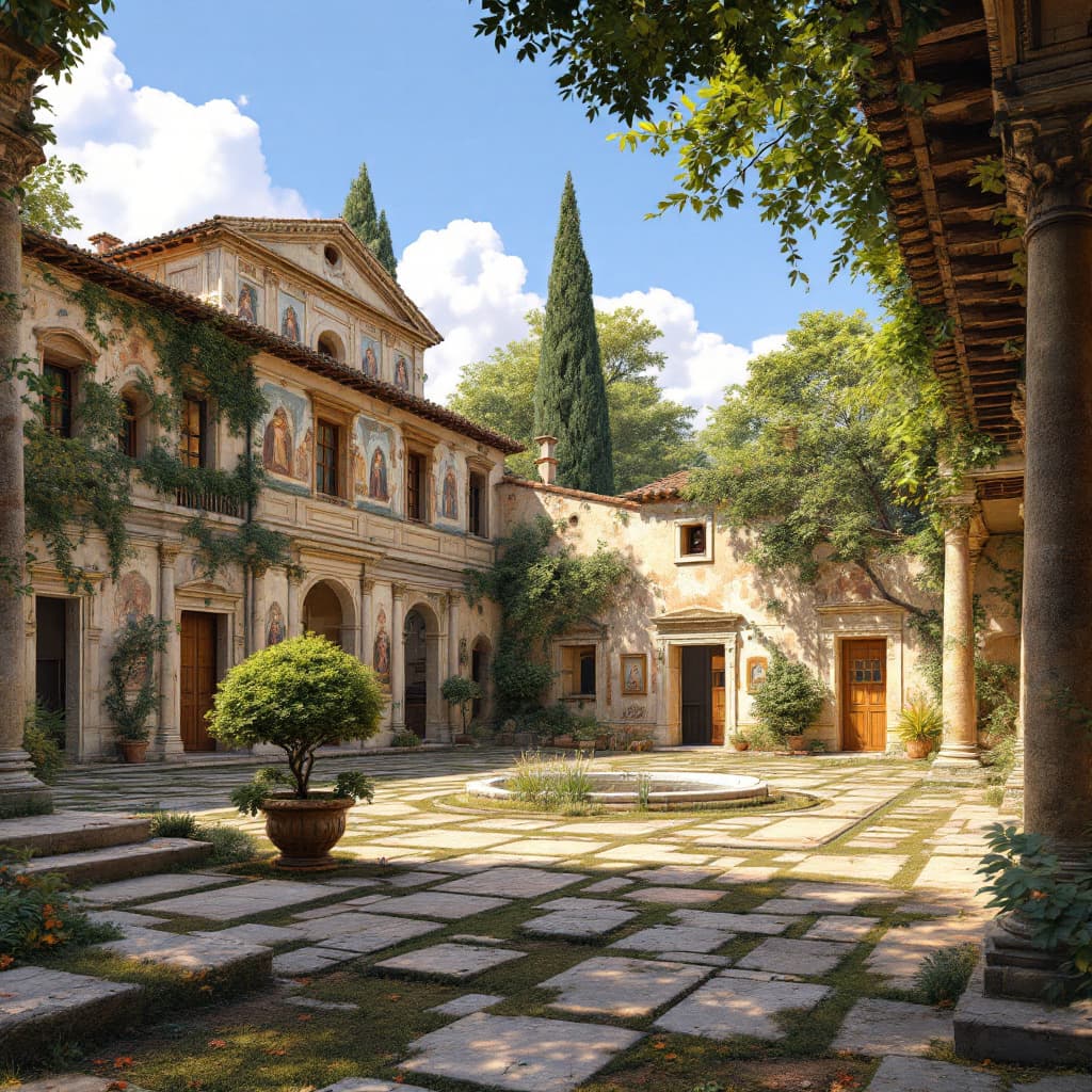 AI generated: A perspective of the patio of a roman villa. I can see the sky and some trees outside. I can see som...