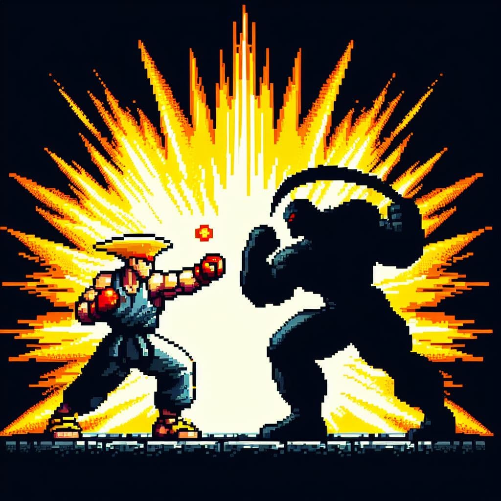 AI generated: A pixel art 64 bits tribute to a memorable moment from the Street Fighter series, evoking nostalgia ...
