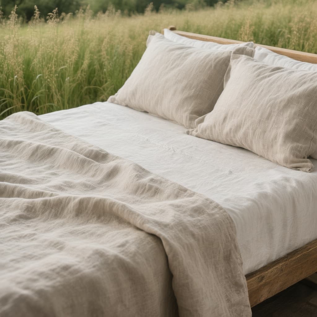 AI generated: Take a photo that clearly shows pure linen on a bed. Linen made of 100% cotton, undyed and unbleache...