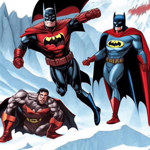 AI generated: batman est a gauche et iron man a droite, ils sont en antartique.