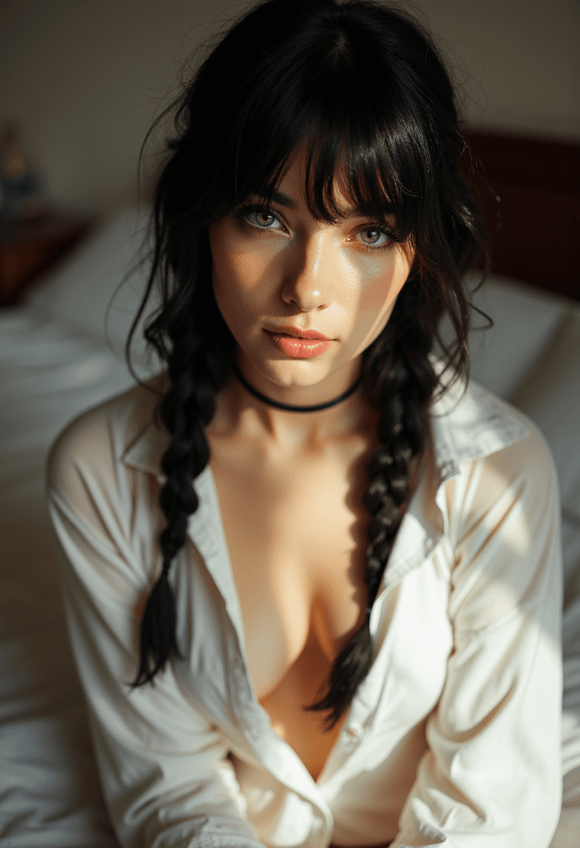 AI generated: An black haired woman with bangs and warm light blue eyes, her neatly braided hair catching the sunl...