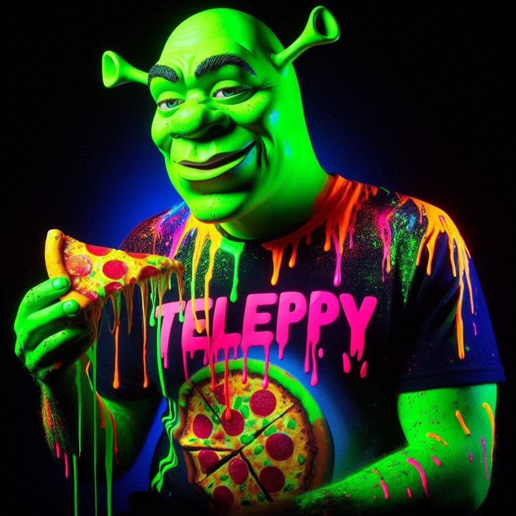 AI generated: Shrek representado debe tener una piel verde brillante. Está comiendo una pizza antinaturalmente bri...