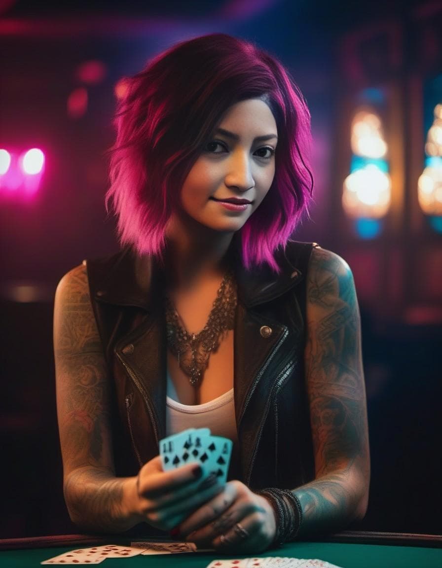 AI generated: A punk rock girl with neon-colored hair and tattoos, confidently holding a winning hand of cards in ...