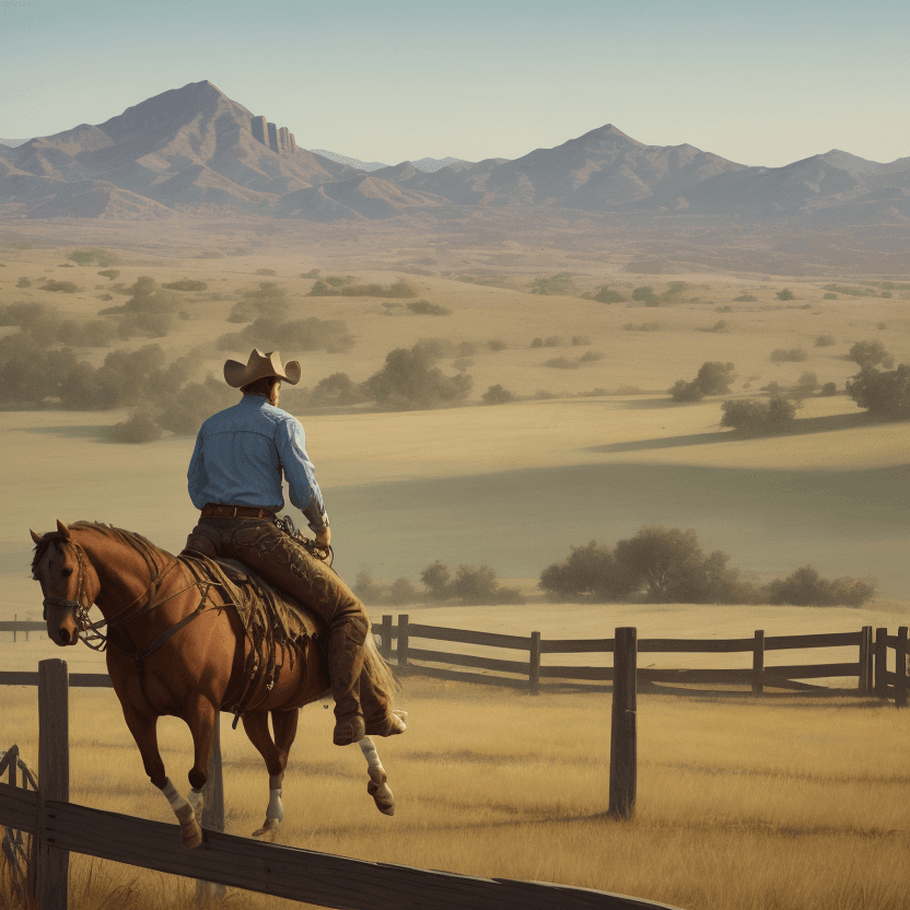 AI generated: Western hills and a cowboy riding fence.