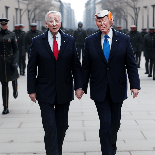 AI generated: Joe Biden walking with Donald Trump, Warsaw, holding hands