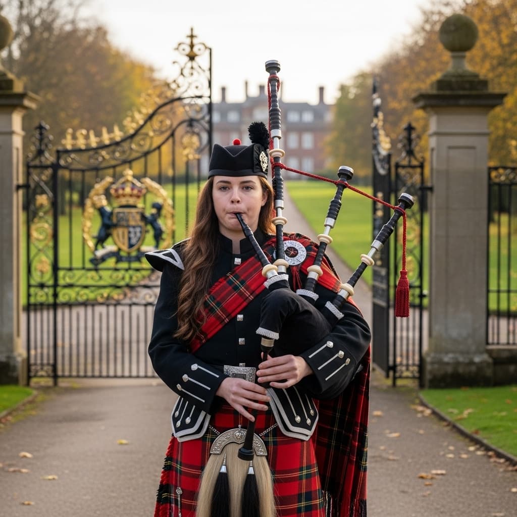 AI generated: a lone female bagpiper is playing outside of the Sandringham estate in England. She is absolutely go...