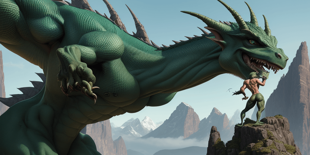 AI generated: looking close up at the quadriceps of a skinny, athletic green male anthro dragon, gargantuan, tower...