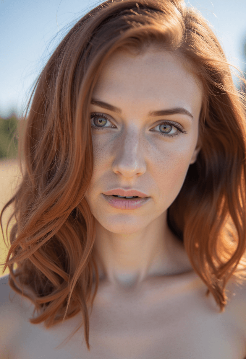 AI generated: A woman with vibrant red hair and striking blue eyes stands in a partially overcast outdoor setting,...