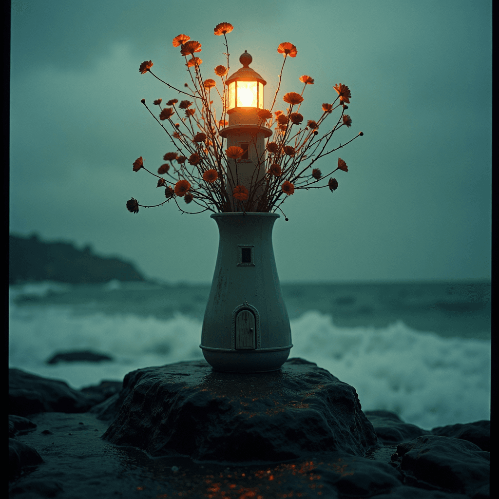 AI generated: grainy film photo of a vase shaped to mimic abandoned lighthouse standing on island washed by stormy...