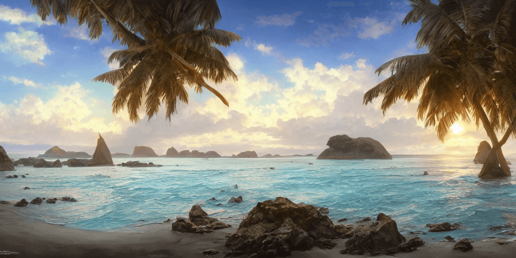 AI generated: ultra realistic illustration, a beach in tanzania with islands in the distance, tropical blue water ...