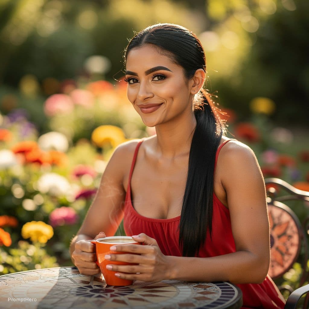 AI generated: a latina woman,beautiful charismatic girl.thick eyebrows,dark eyes,dimples,sleek black hairpulled ba...