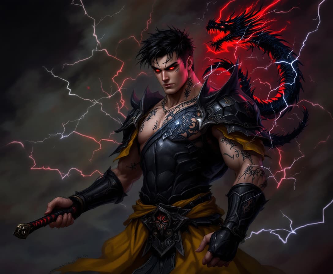 AI generated: a man with light skin, short black hair, black armor with yello fabric, and a black sword with a red...