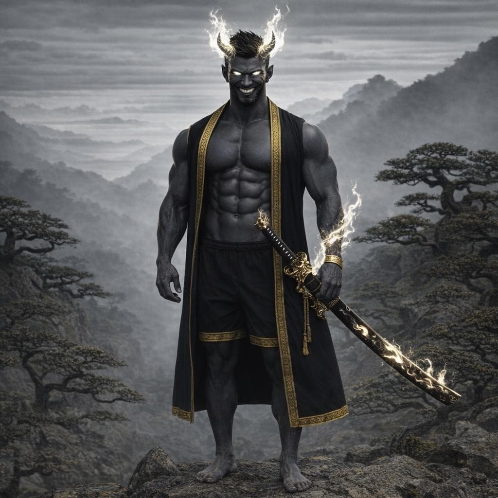 AI generated: Create a demonic version of this man keeping most of the original features with dark grey skin and u...