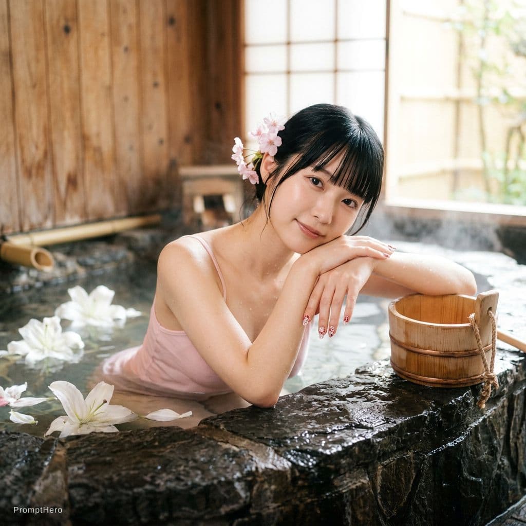 AI generated: 一张高品质、超写实的肖像：一位美丽的年轻日本女子正泡在一座大型深色粗犷石砌浴缸中。她拥有白皙而 luminous（如发光般）的肌肤，乌黑柔顺的长发配以整齐刘海，耳后别着几朵柔和的粉色花朵。她身穿一件细...