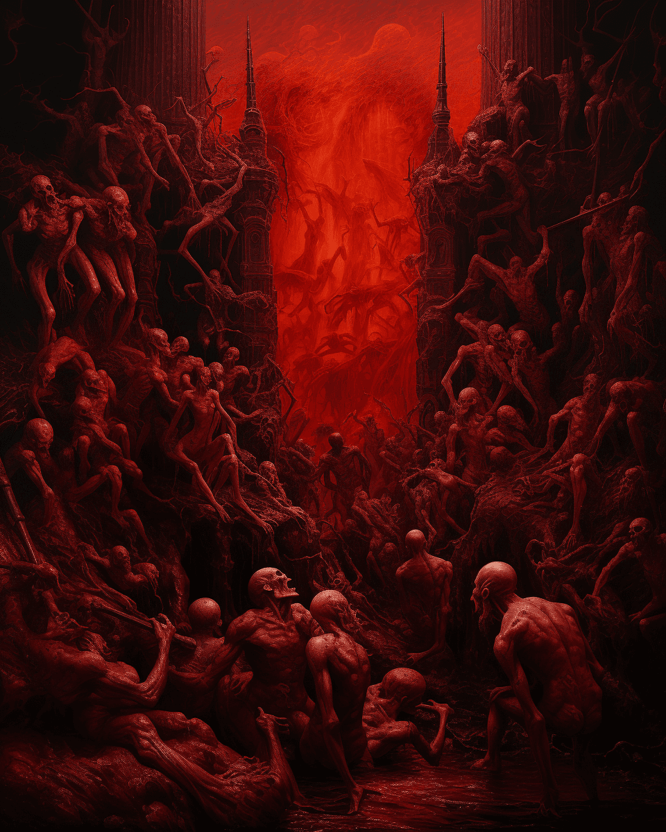 AI generated: Many demons in Hell, red atmosphere, in the style of Gustave Doré and Alex Ross --ar 51:64 --v 5.2