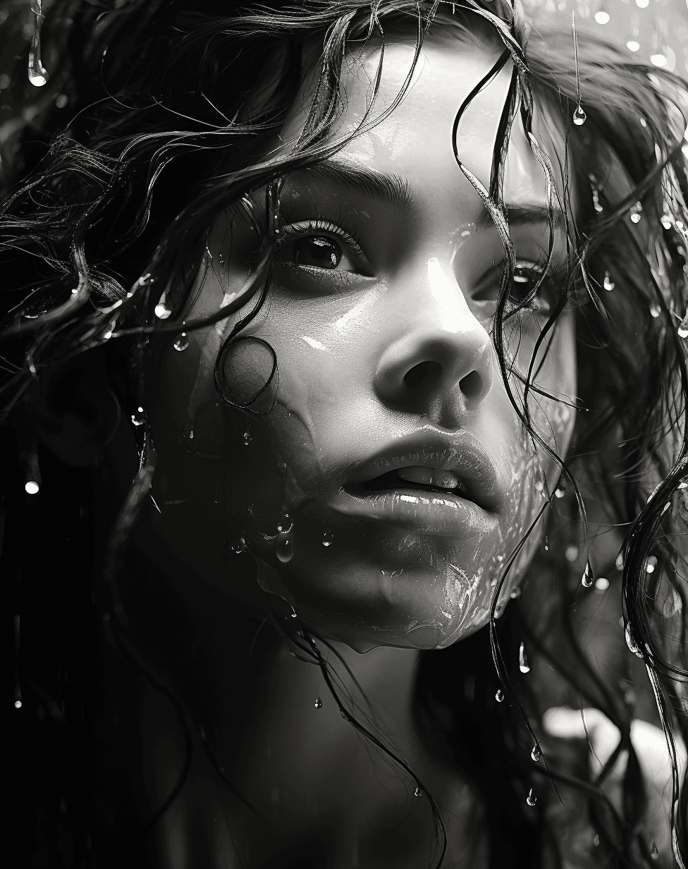 AI generated: girl with water sprays on her face black and white, in the style of daz3d, hyperrealistic marine lif...