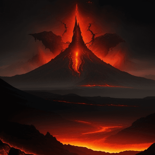 AI generated: a wasteland, mountains of fire, lava, mordor, demon, demonic tower, hot, dangerous, creepy, landscap...