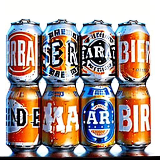 AI generated: A billboard style beer ad with a white background, a six beer cans in disarray, the beer cans should...