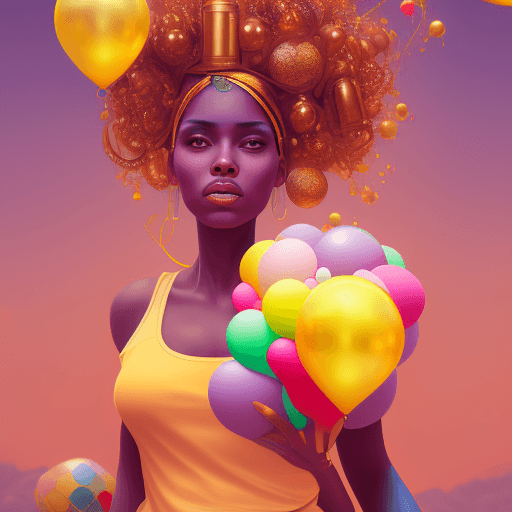 AI generated: a full (head only) image of an brown toned woman with ballons on her head, in the style of cartooned...