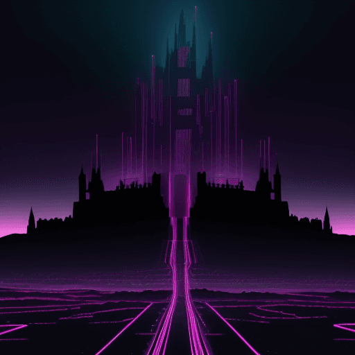 AI generated: a digital landscape with a large dark castle in the distance, the horizon is lit up by neon magenta ...