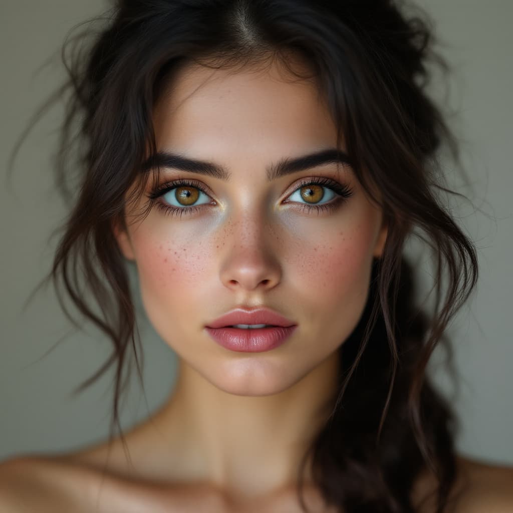 AI generated: Close-up portrait of a woman with brown eyes, light freckles, slight ukrainian complexion and dark h...