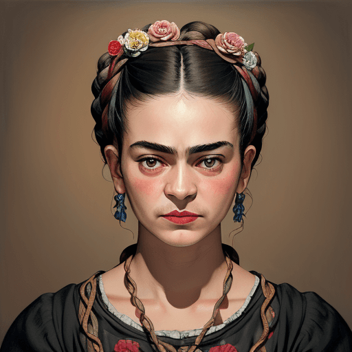 AI generated: a realistic photo of frida kahlo, with [flowers in her dark hair], looks like [Frida Kahlo] oil pain...