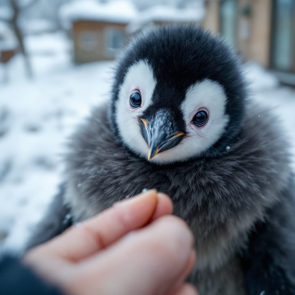 AI generated: An adorable baby emperor penguin with a round, fluffy body covered in thick dark gray feathers. Its ...