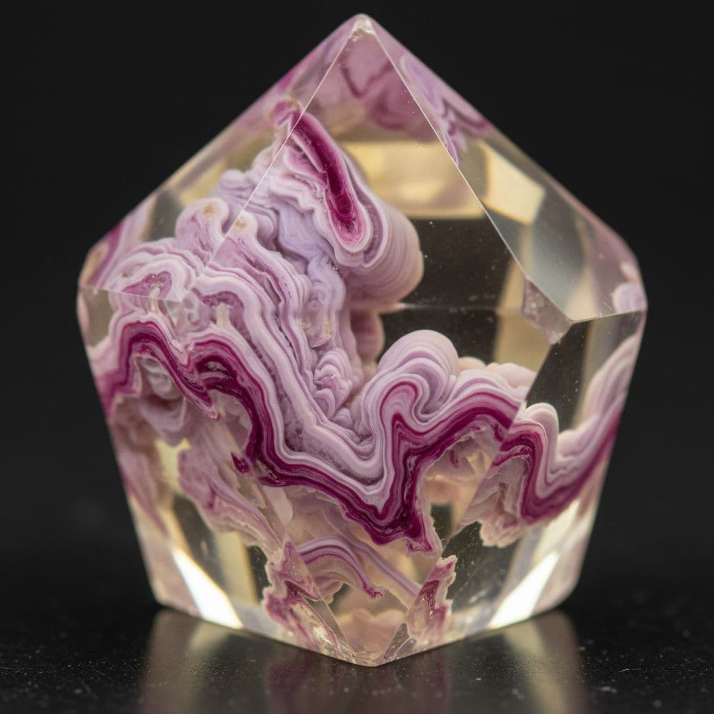 AI generated: Clear and yellow Crystal with Pink and Purple veins like marble running through it 