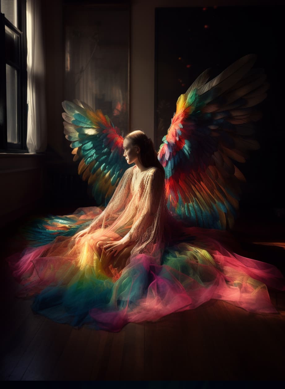 AI generated: a woman in a colorful dress sitting on the ground, spirit photography, huge highly detailed wings, l...