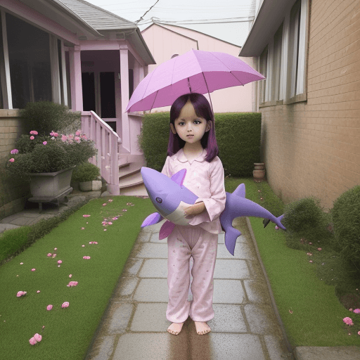 AI generated: 4 years old girl, standing in a house front yard, wearing pink and purple pijamas, carrying shark so...