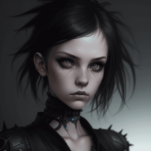 AI generated: character portrait of a punk girl, thin face, cinematic lighting, blurry dark background, symmetrica...
