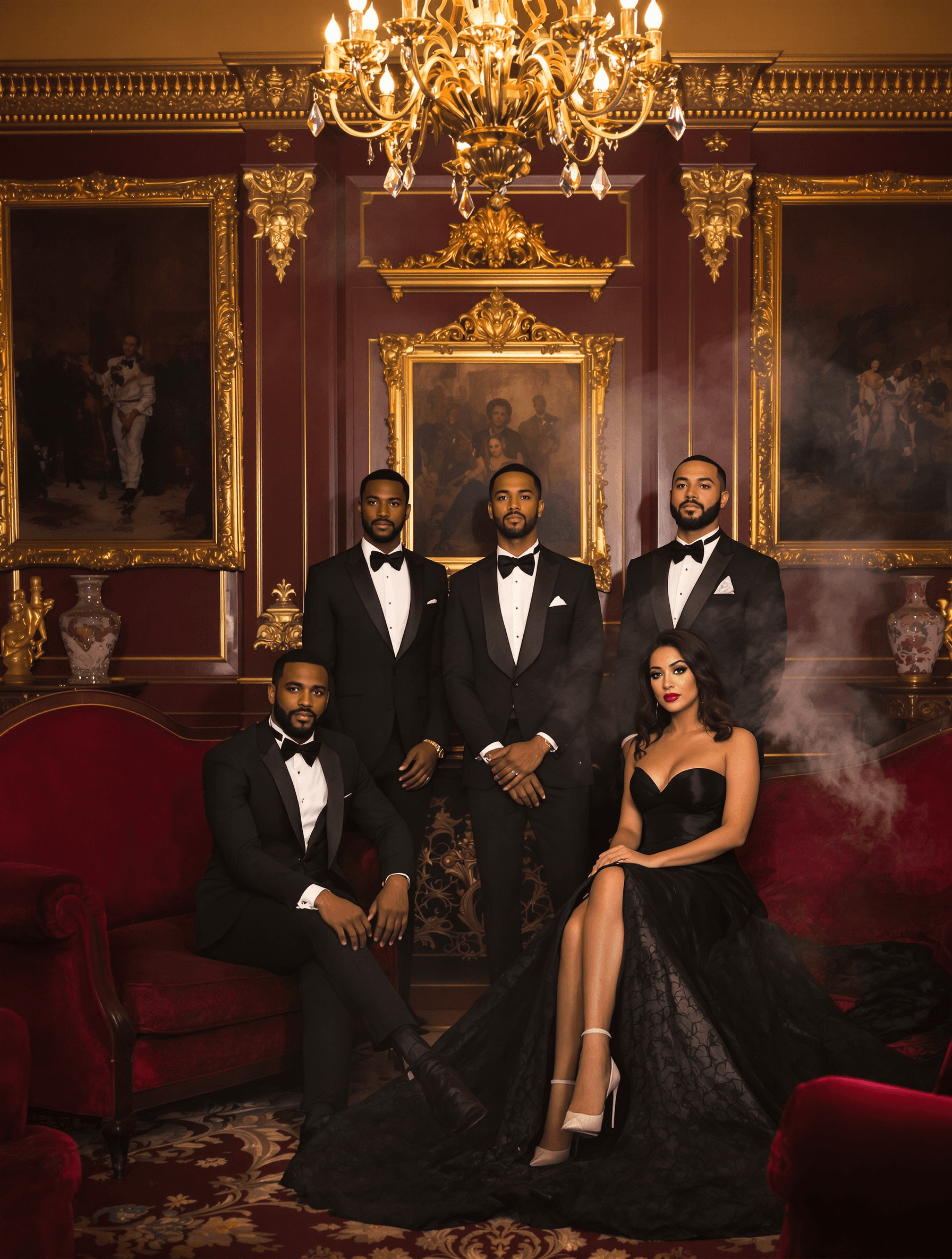 AI generated: 4 men and 3 women in formal wear,  luxury setting, 25-45 years old,  various ethnicities.  All men a...