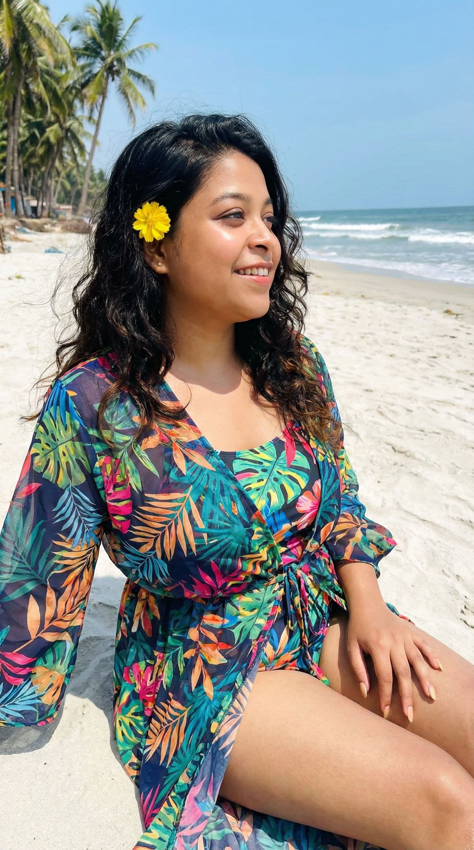AI generated: girl is enjoying a relaxing day on a sunny beach, basking in the warmth of the golden sun. She is dr...
