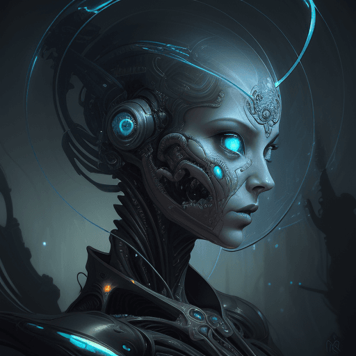 AI generated:  style biomech art, , half body portrait, by H R Giger, female alien facing camera, science ai, intr...