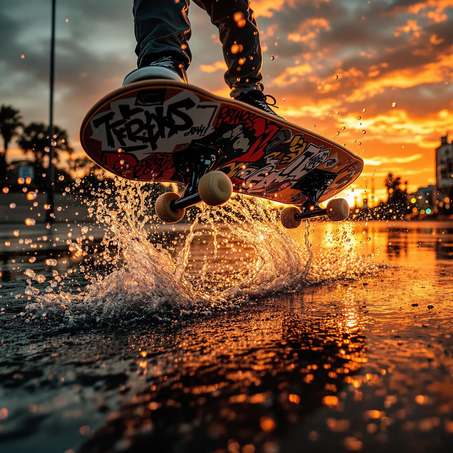 AI generated: dynamic, high-speed action, encapsulated in a warm, vibrant sunset backdrop, a tight crop focusing o...