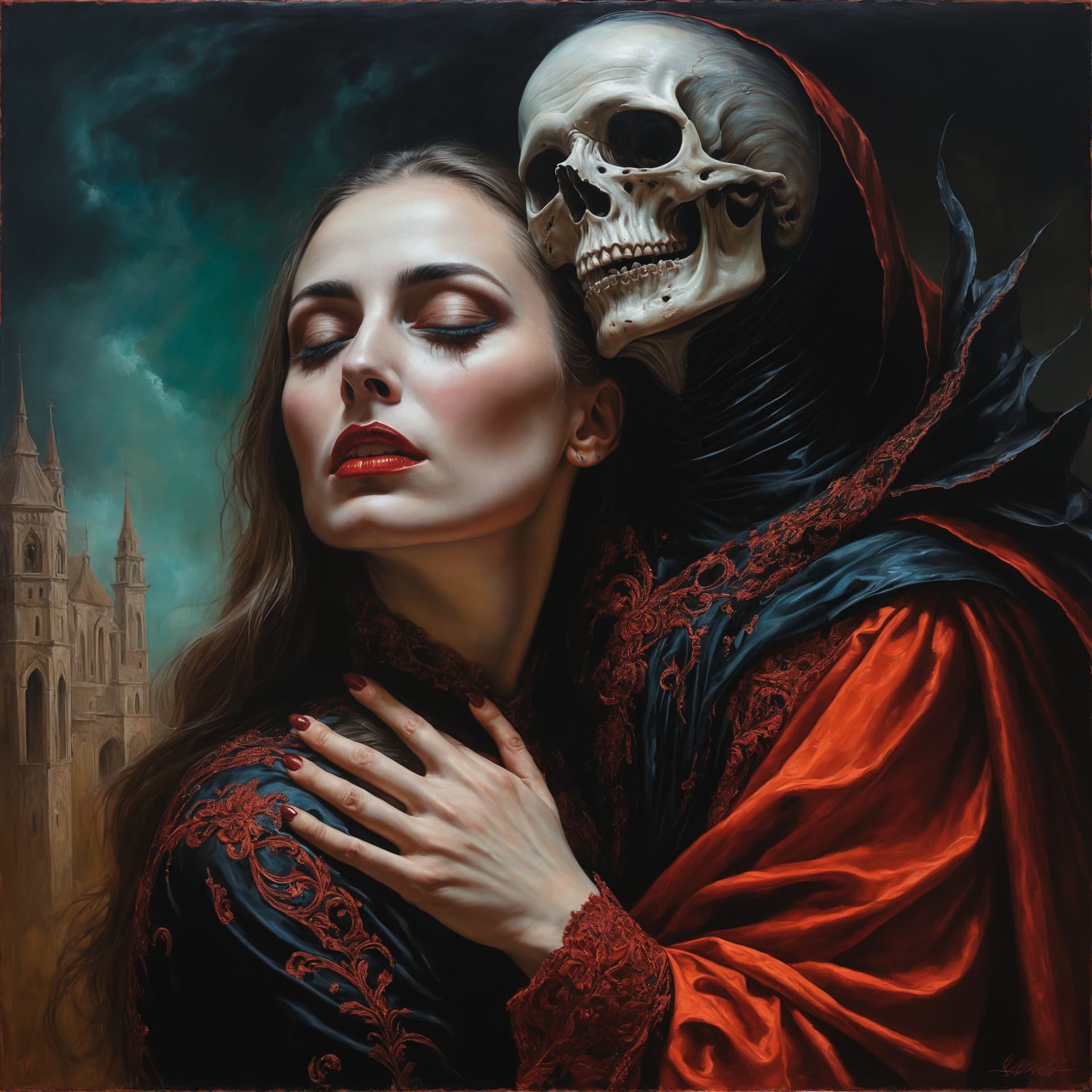 AI generated: a painting of a regal woman being hugged from behind by an evil specter, horrifying, scary sublime a...