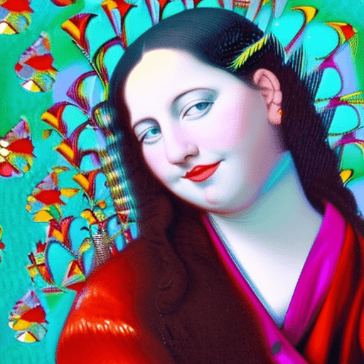 AI generated: Photo of Monalisa with Monet impressionist brush, colorful clothes, white complexion, red lips, blue...