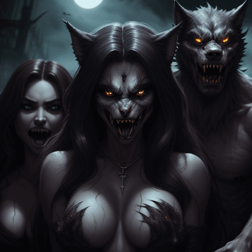 AI generated: A group of werewolves with evil intentions capturing a beautiful woman, ultrarealistic.